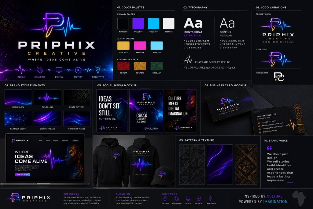 Brand identity elements like logos, color palettes, and typography used in creative design.