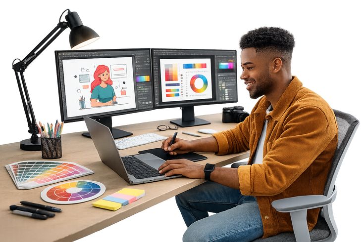 Creative design workspace with laptop, color palettes, and branding sketches representing PriPhix Creative